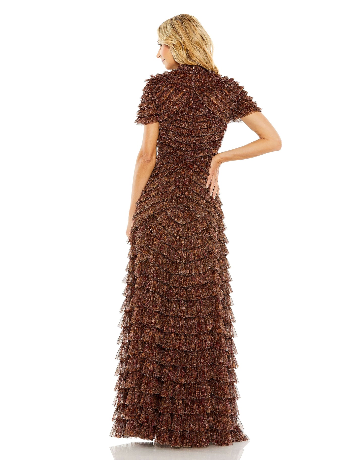Mac Duggal Style#8042, Ruffle Tiered High Neck Dress, A line,Floor Length,Newest Arrivals,Ruffles,Short Sleeve, $1100.00