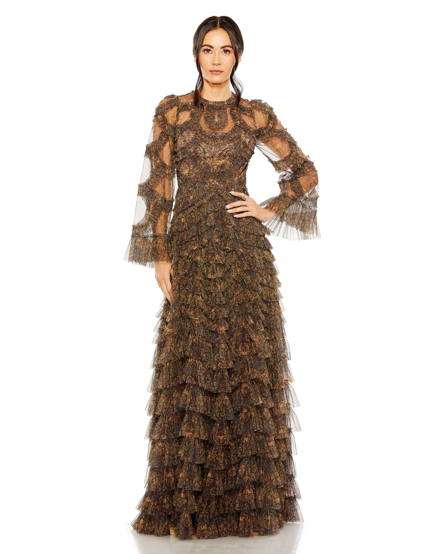 Mac Duggal Style#8044, Long Flutter Sleeve Ruffle Tiered Gown, A line,Floor Length,long sleeve,Newest Arrivals,Ruffles, $1100.00