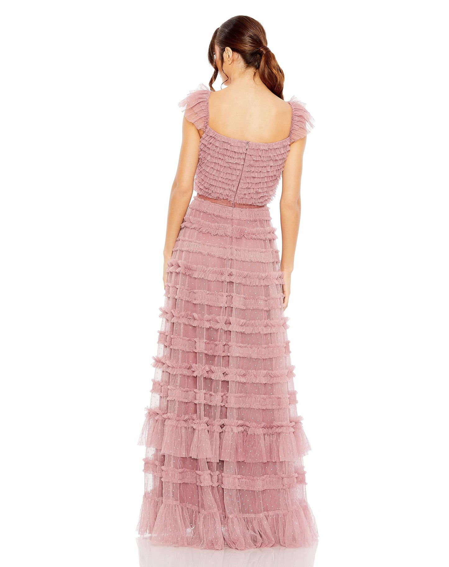 Ruffle Cap Sleeve Embellished Tiered Gown