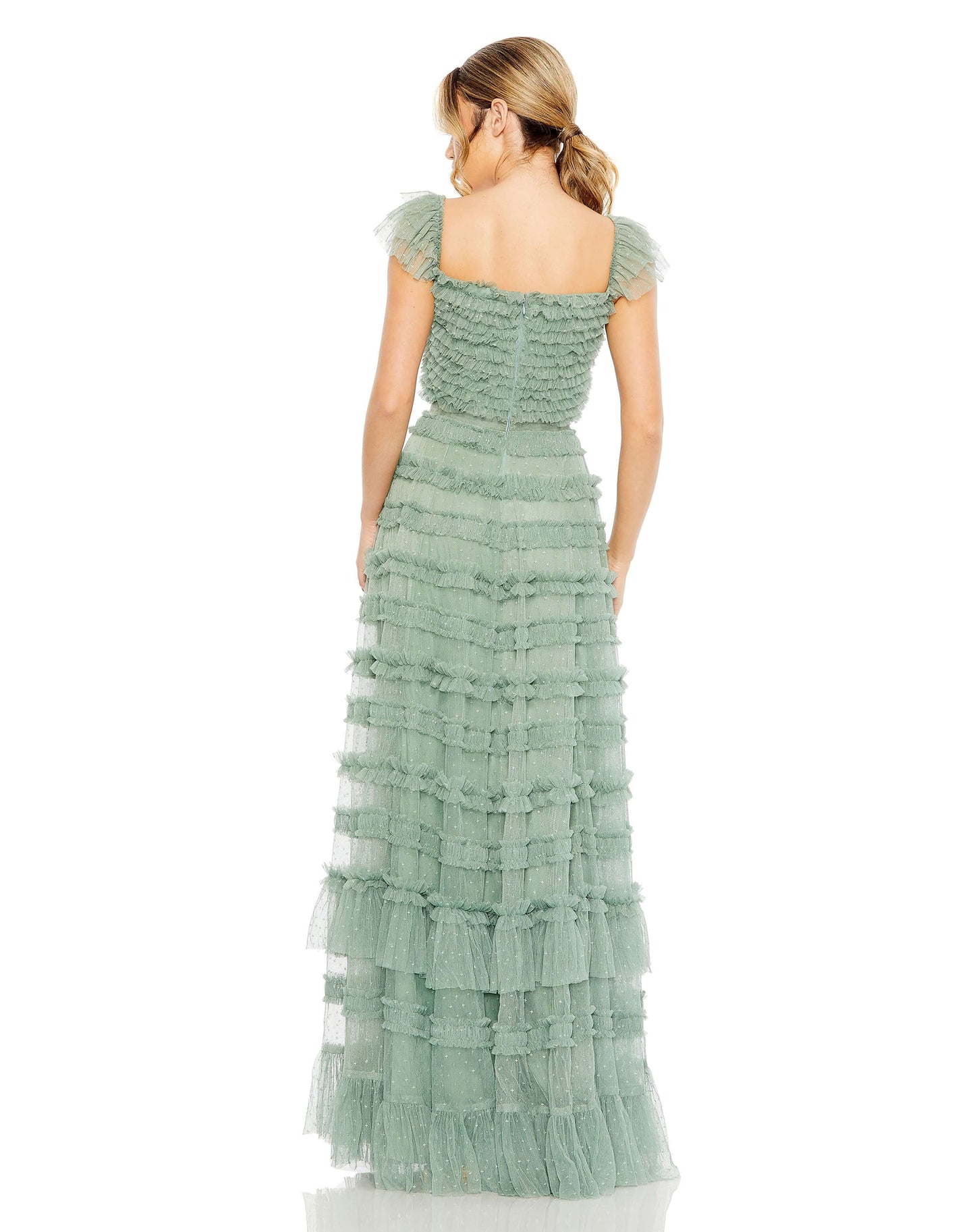 Ruffle Cap Sleeve Embellished Tiered Gown