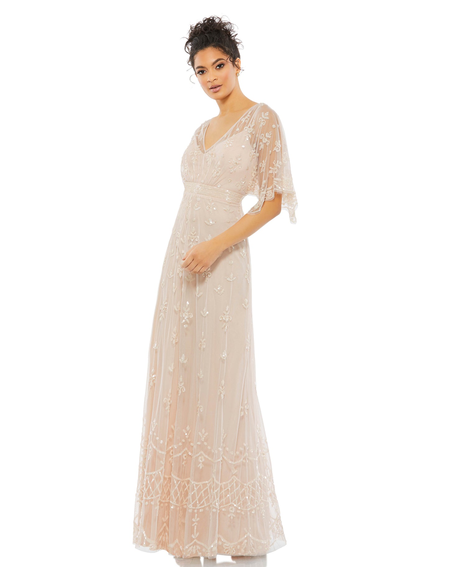 V Neck Flounce Sleeve Embellished Mesh Gown