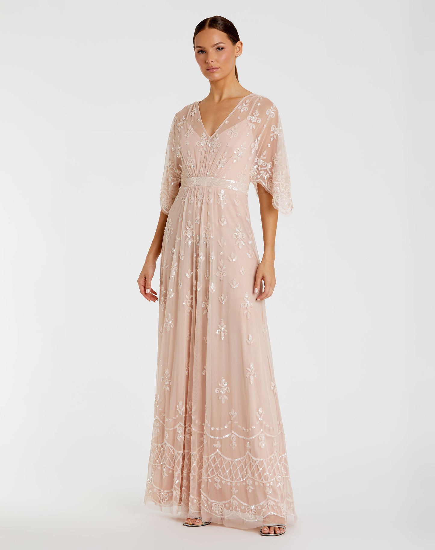 V Neck Flounce Sleeve Embellished Mesh Gown