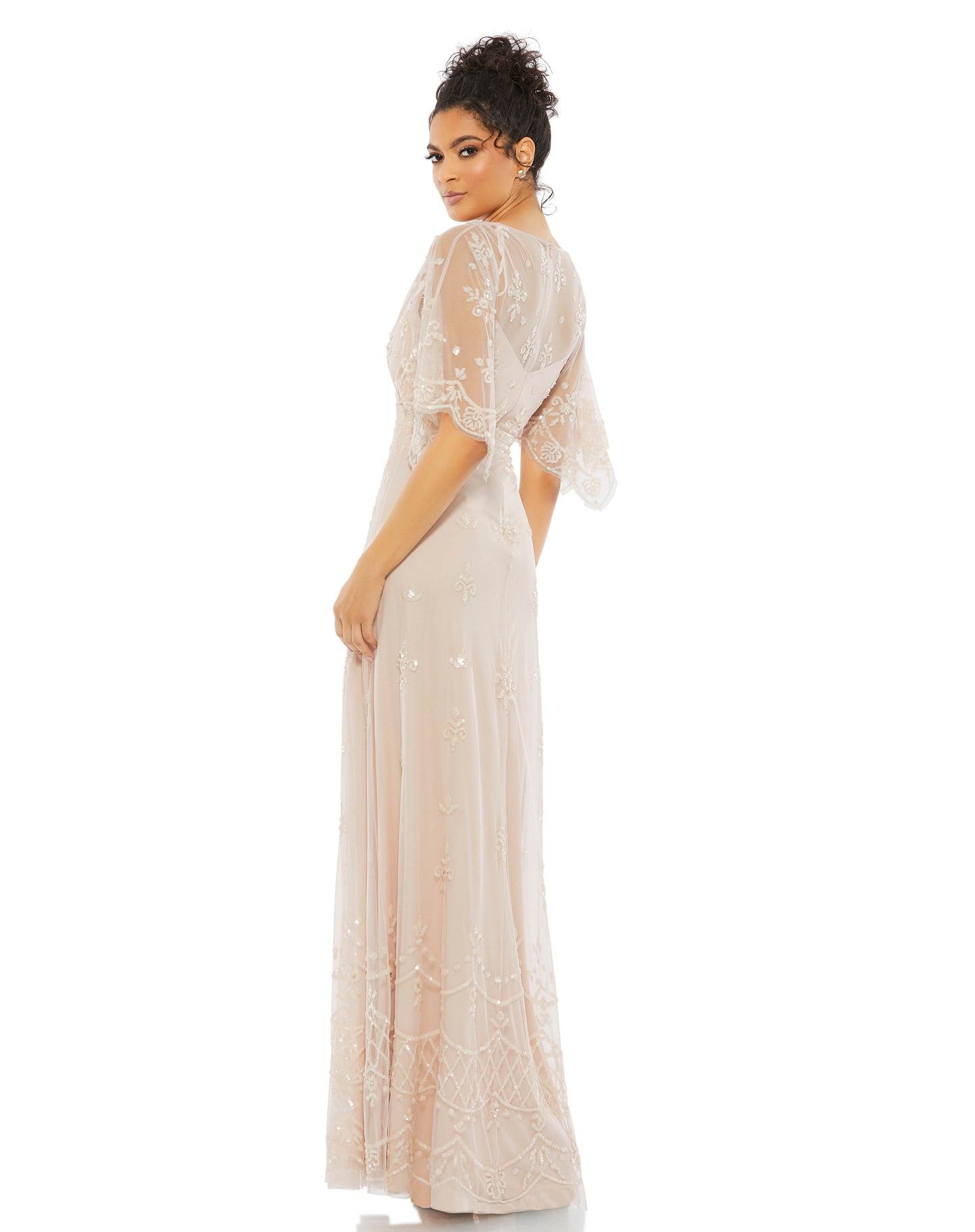 V Neck Flounce Sleeve Embellished Mesh Gown