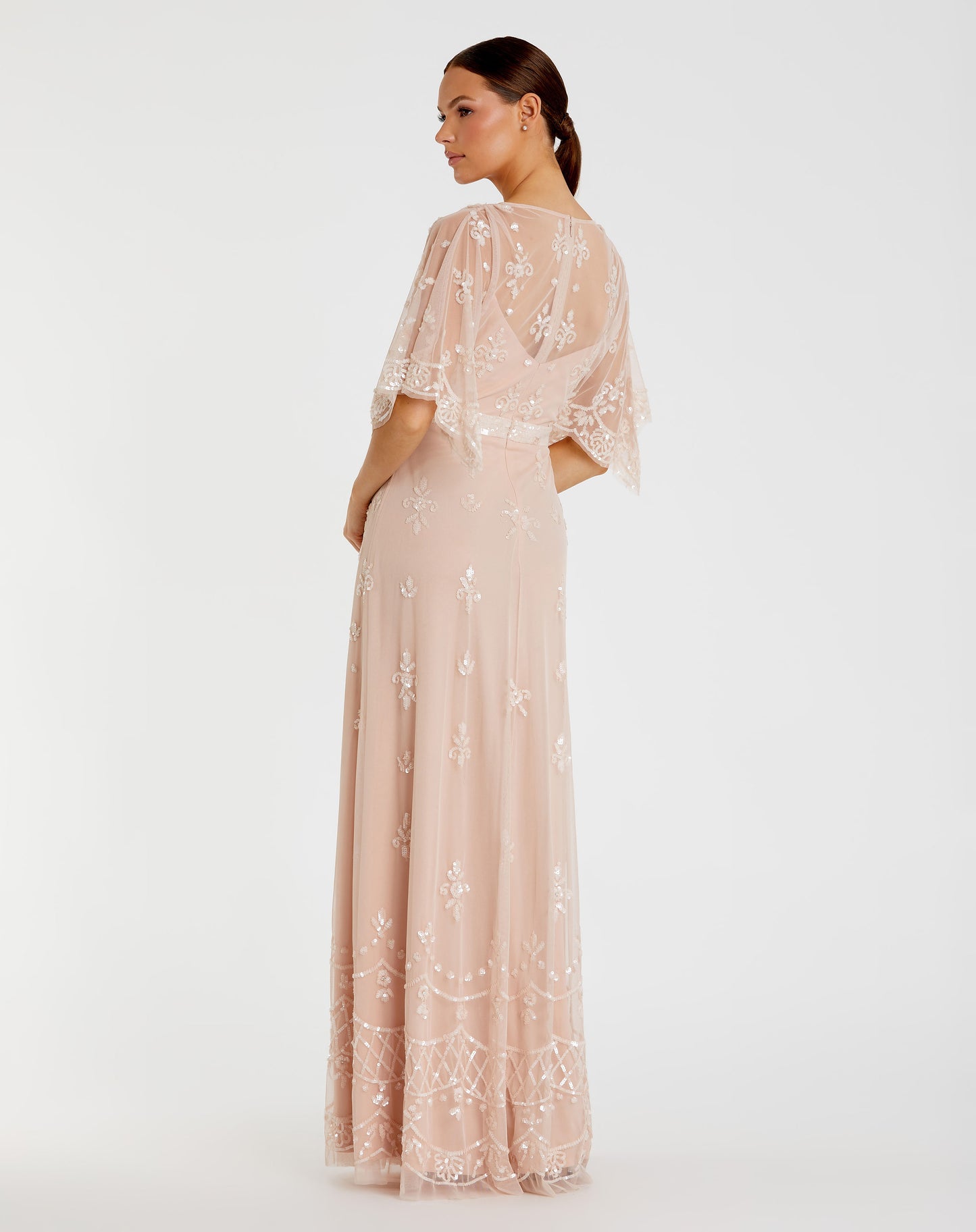 V Neck Flounce Sleeve Embellished Mesh Gown