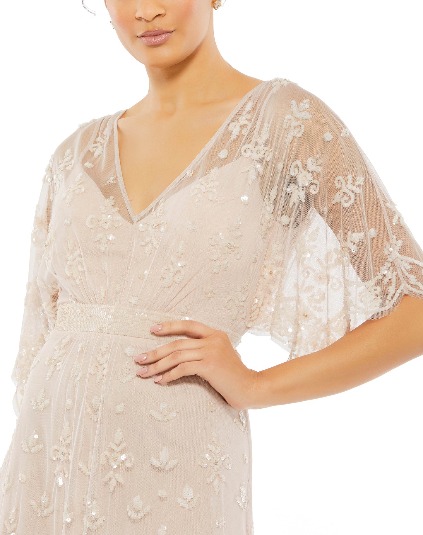 V Neck Flounce Sleeve Embellished Mesh Gown