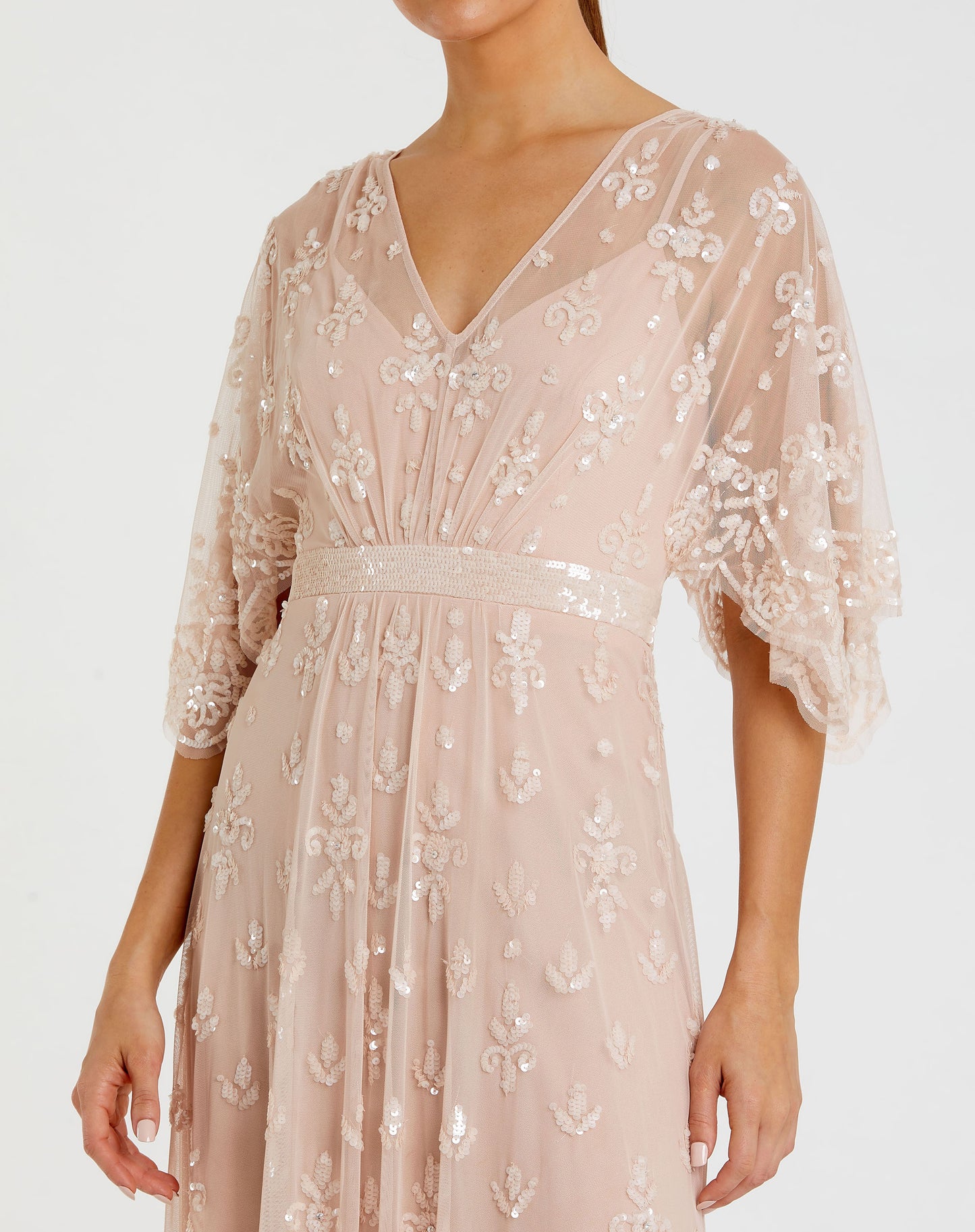 V Neck Flounce Sleeve Embellished Mesh Gown