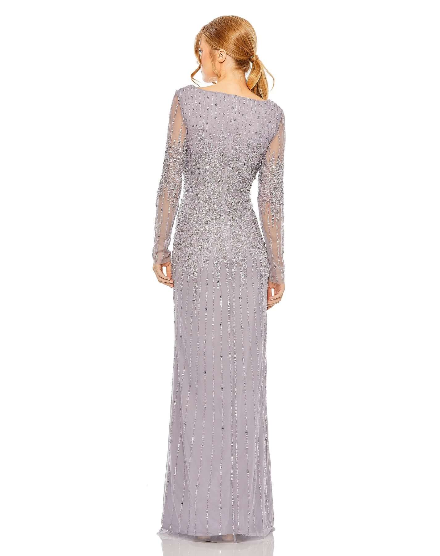High Neck Sequin Embellished Long Sleeve A Line Gown