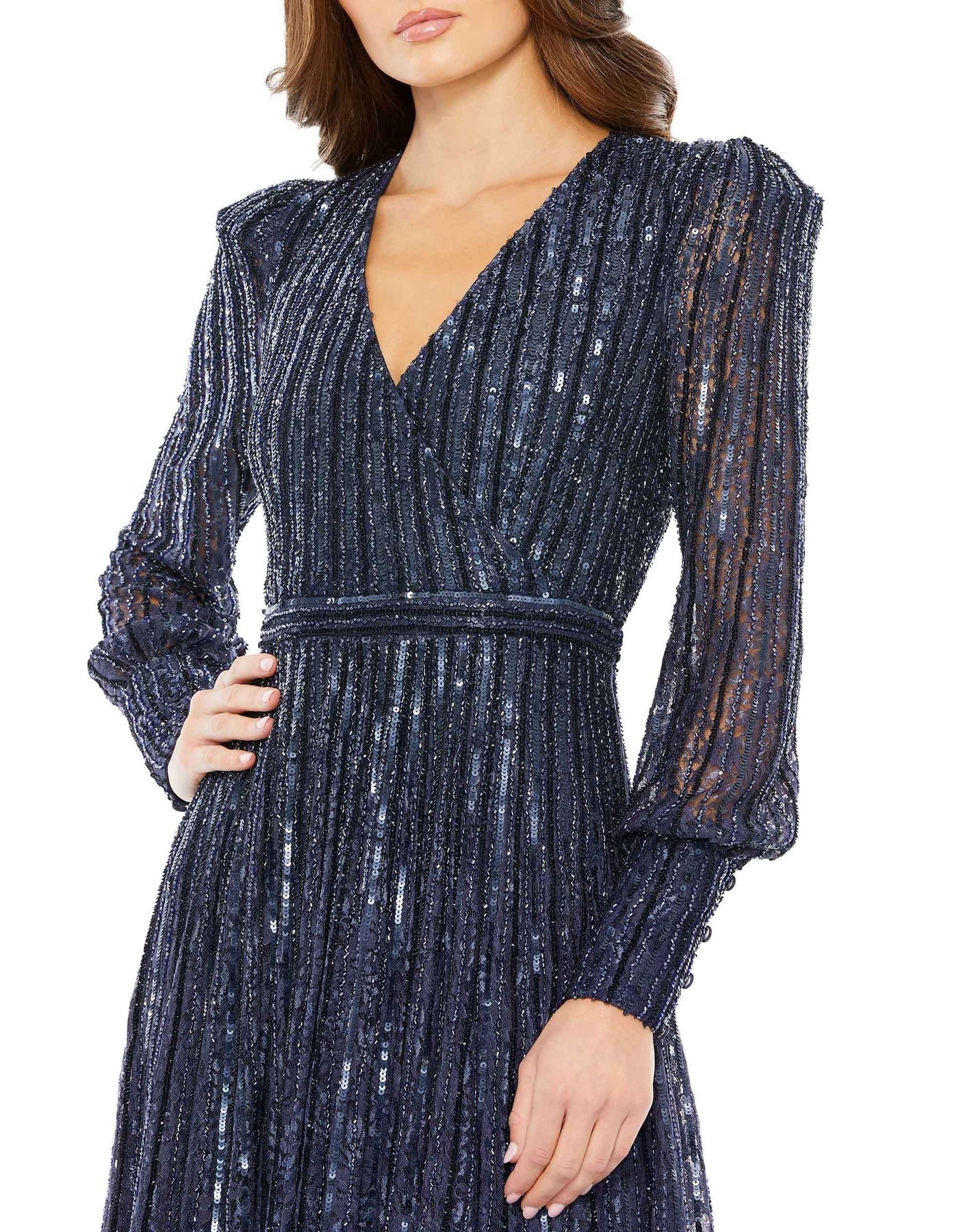 Mac Duggal Style#93679, Sequined Lace Long Sleeve Wrap Over Gown, A line,Floor Length,Lace,long sleeve,Sequin,Tulle,V-Neck, $1100.00