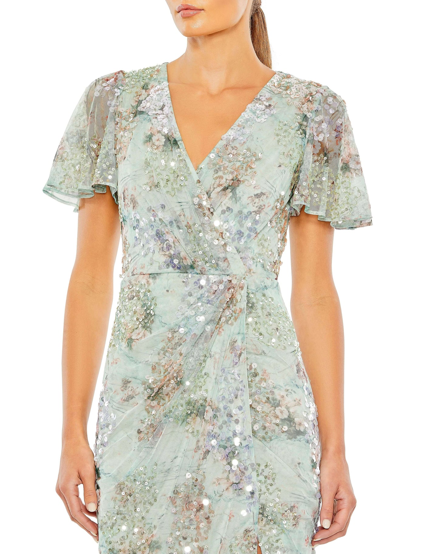 Mac Duggal Style#, Embellished Butterfly Sleeve Faux Wrap Gown, beaded,Fit and Flare,Floor Length,Newest Arrivals,Short Sleeve, $950.00