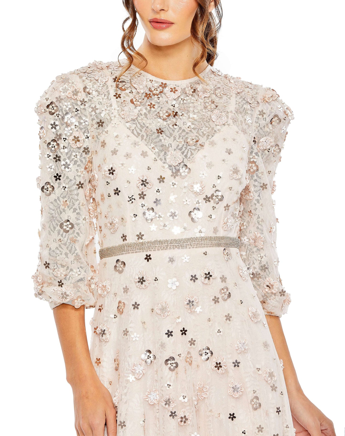 Mac Duggal Style#93805, Floral Applique Puff Sleeve High Neck A-Line Gown, A line,beaded,Floor Length,Newest Arrivals,Three Quarter Sleeve, $1250.00