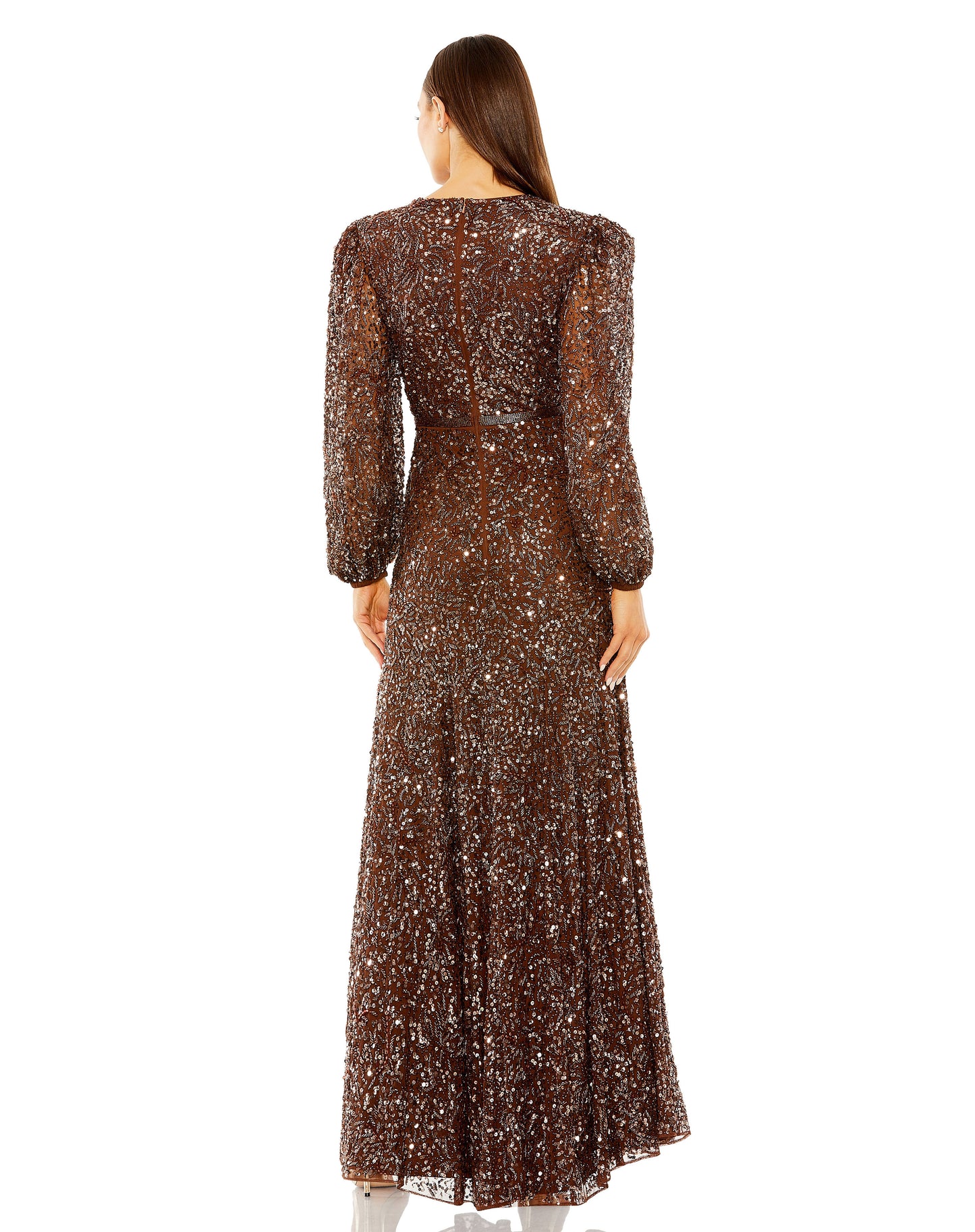 Sheer Long Sleeve Beaded Gown
