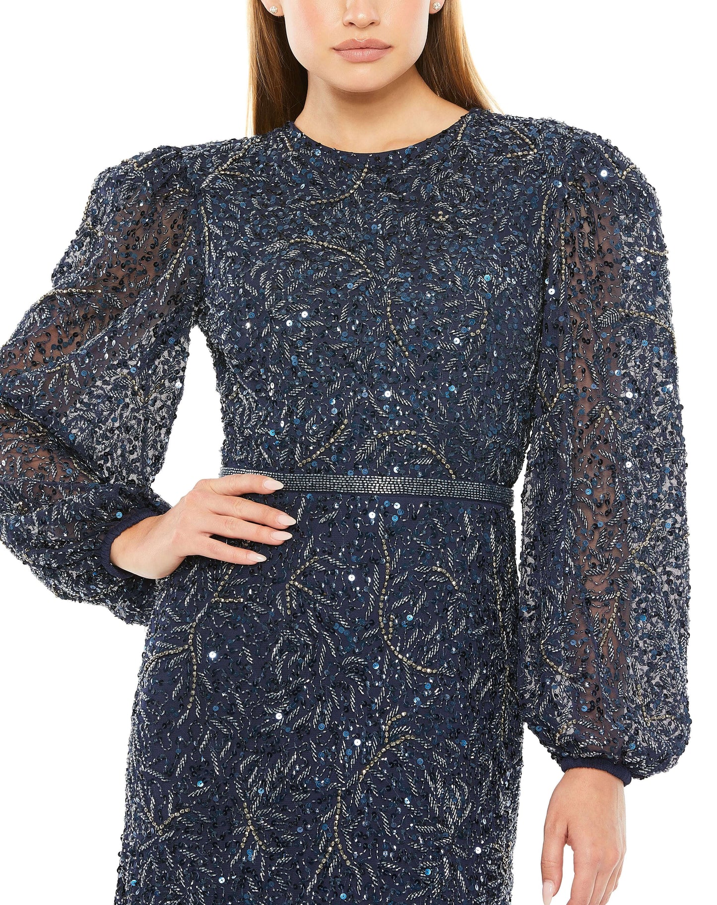 Mac Duggal Style#93902, Sheer Long Sleeve Beaded Gown, beaded,Fit and Flare,Floor Length,long sleeve,Newest Arrivals,Sequin, $1100.00