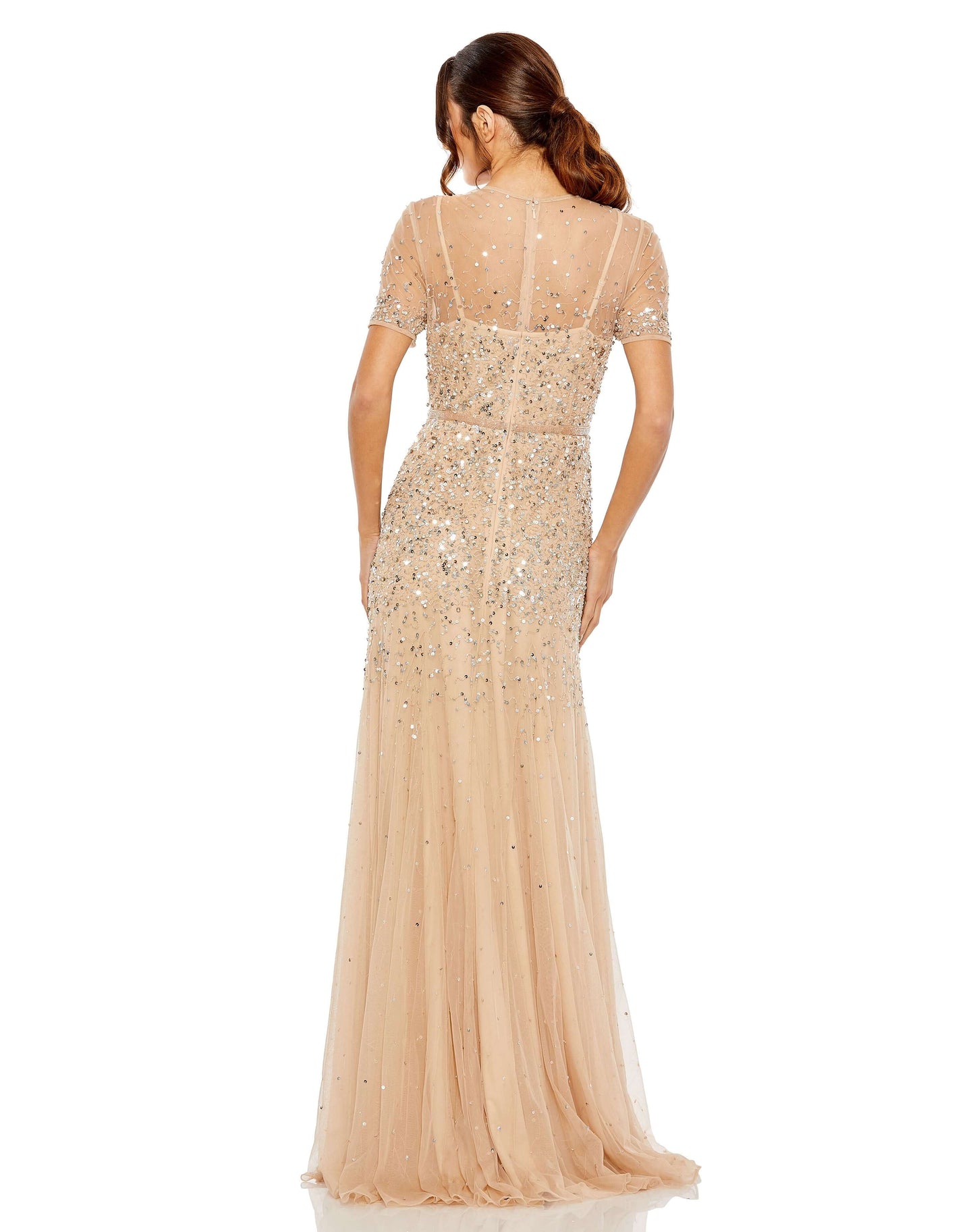 Mac Duggal Style#93909, High Neck Short Sleeve Sequin Embellished Gown, A line,beaded,Cap Sleeve,Floor Length,Newest Arrivals,Ruffles,V-Neck, $950.00