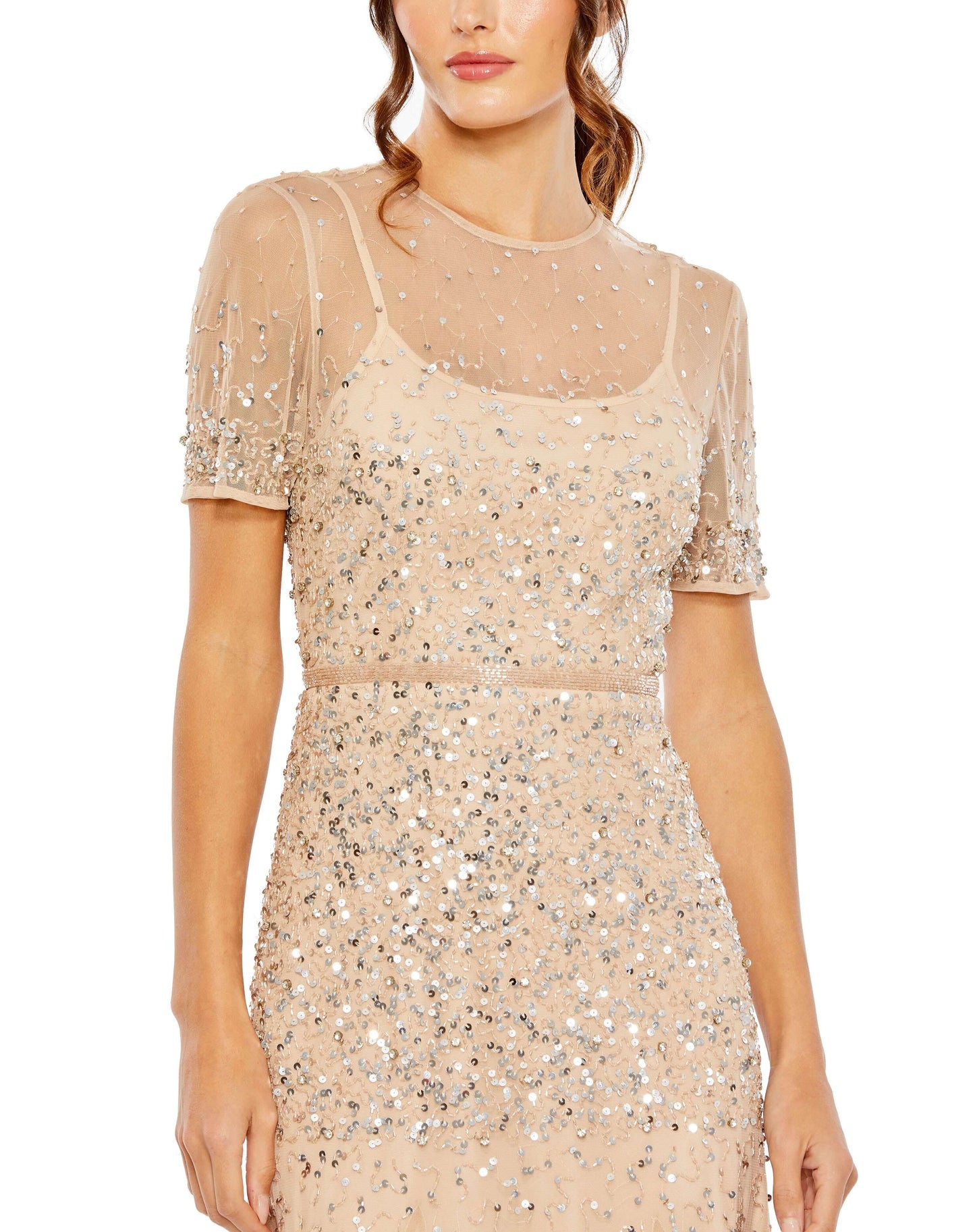 Mac Duggal Style#93909, High Neck Short Sleeve Sequin Embellished Gown, A line,beaded,Cap Sleeve,Floor Length,Newest Arrivals,Ruffles,V-Neck, $950.00