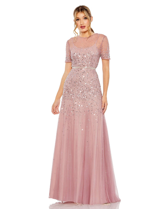 Mac Duggal Style#93909, High Neck Short Sleeve Sequin Embellished Gown, A line,beaded,Cap Sleeve,Floor Length,Newest Arrivals,Ruffles,V-Neck, $950.00