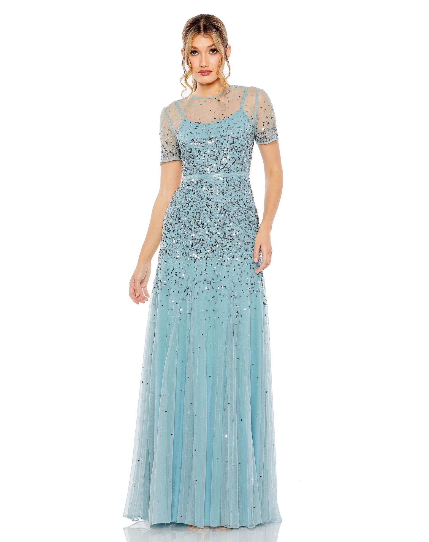 Mac Duggal Style#93909, High Neck Short Sleeve Sequin Embellished Gown, A line,beaded,Cap Sleeve,Floor Length,Newest Arrivals,Ruffles,V-Neck, $950.00