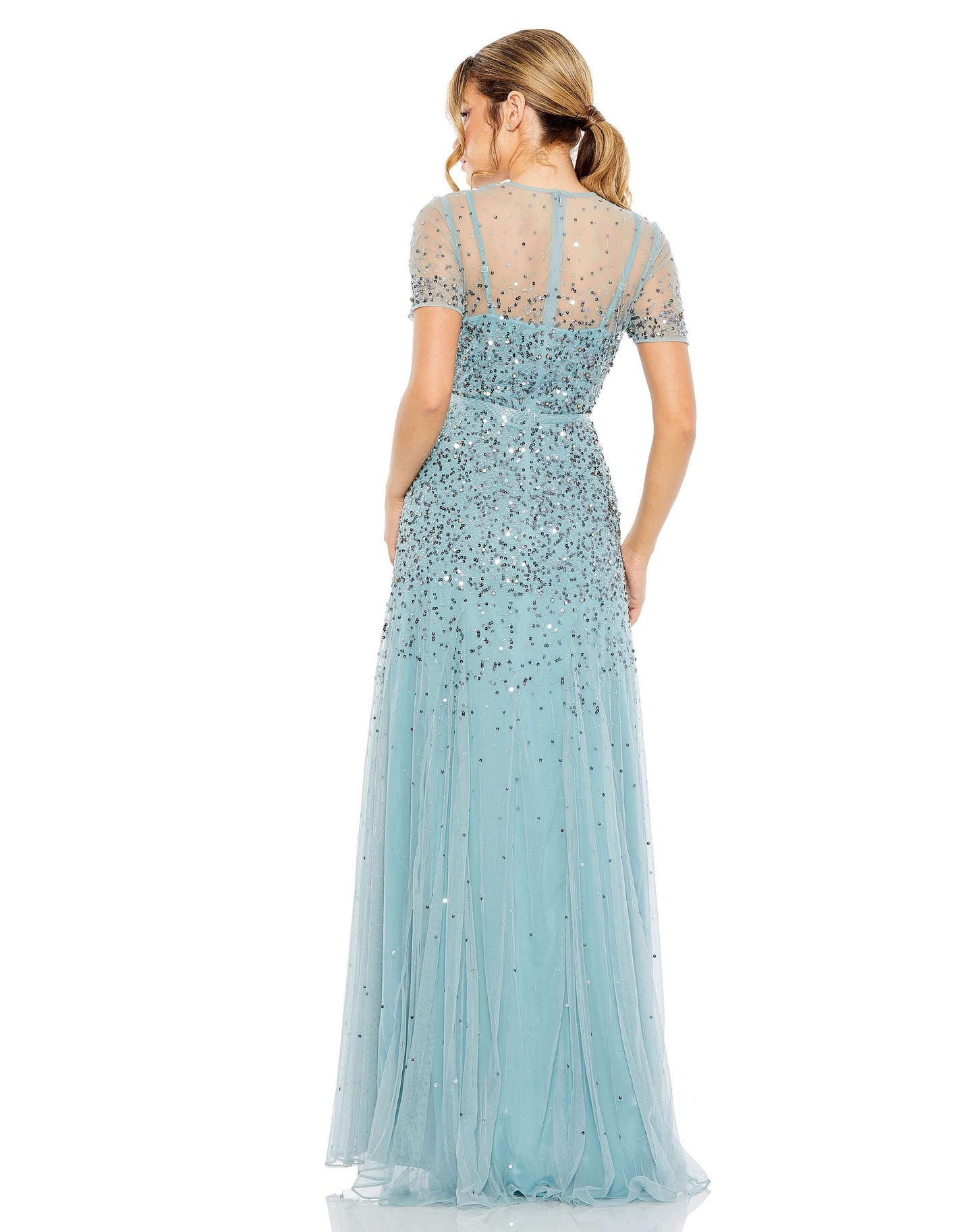 Mac Duggal Style#93909, High Neck Short Sleeve Sequin Embellished Gown, A line,beaded,Cap Sleeve,Floor Length,Newest Arrivals,Ruffles,V-Neck, $950.00