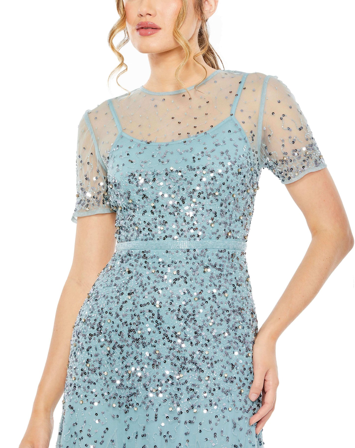 Mac Duggal Style#93909, High Neck Short Sleeve Sequin Embellished Gown, A line,beaded,Cap Sleeve,Floor Length,Newest Arrivals,Ruffles,V-Neck, $950.00