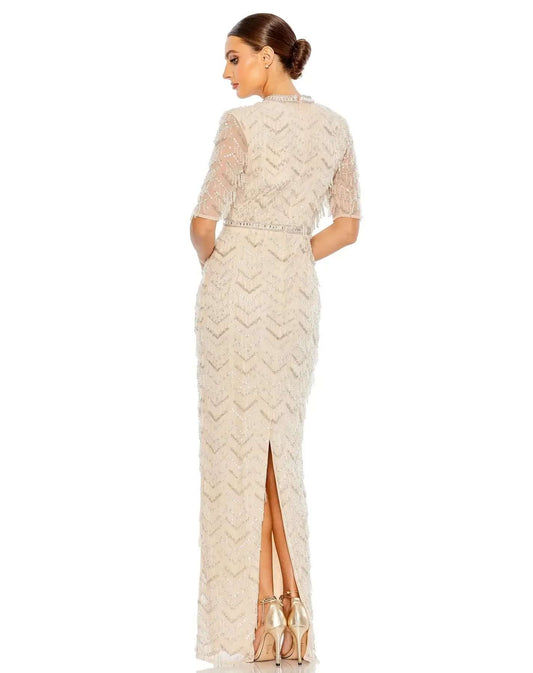 Beaded Fringe Quarter Sleeve Column Gown