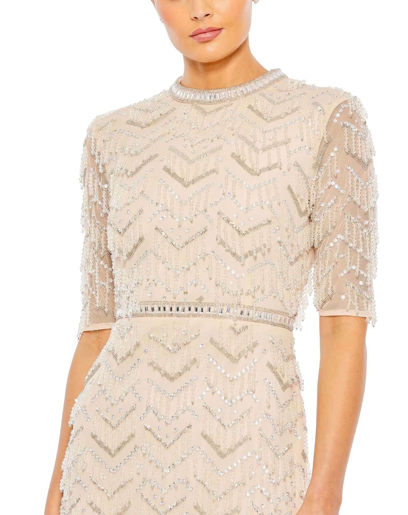 Beaded Fringe Quarter Sleeve Column Gown