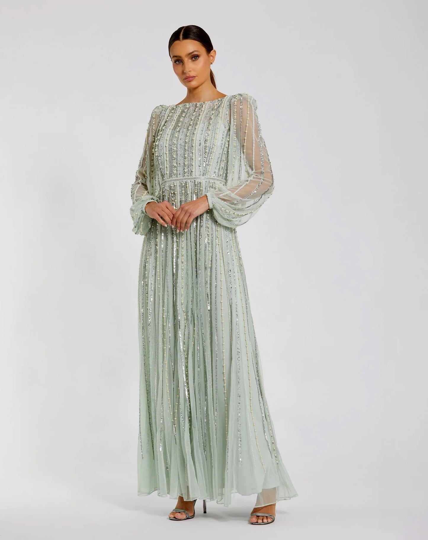 Boat Neck Long Sleeve Gown With Striped Beading