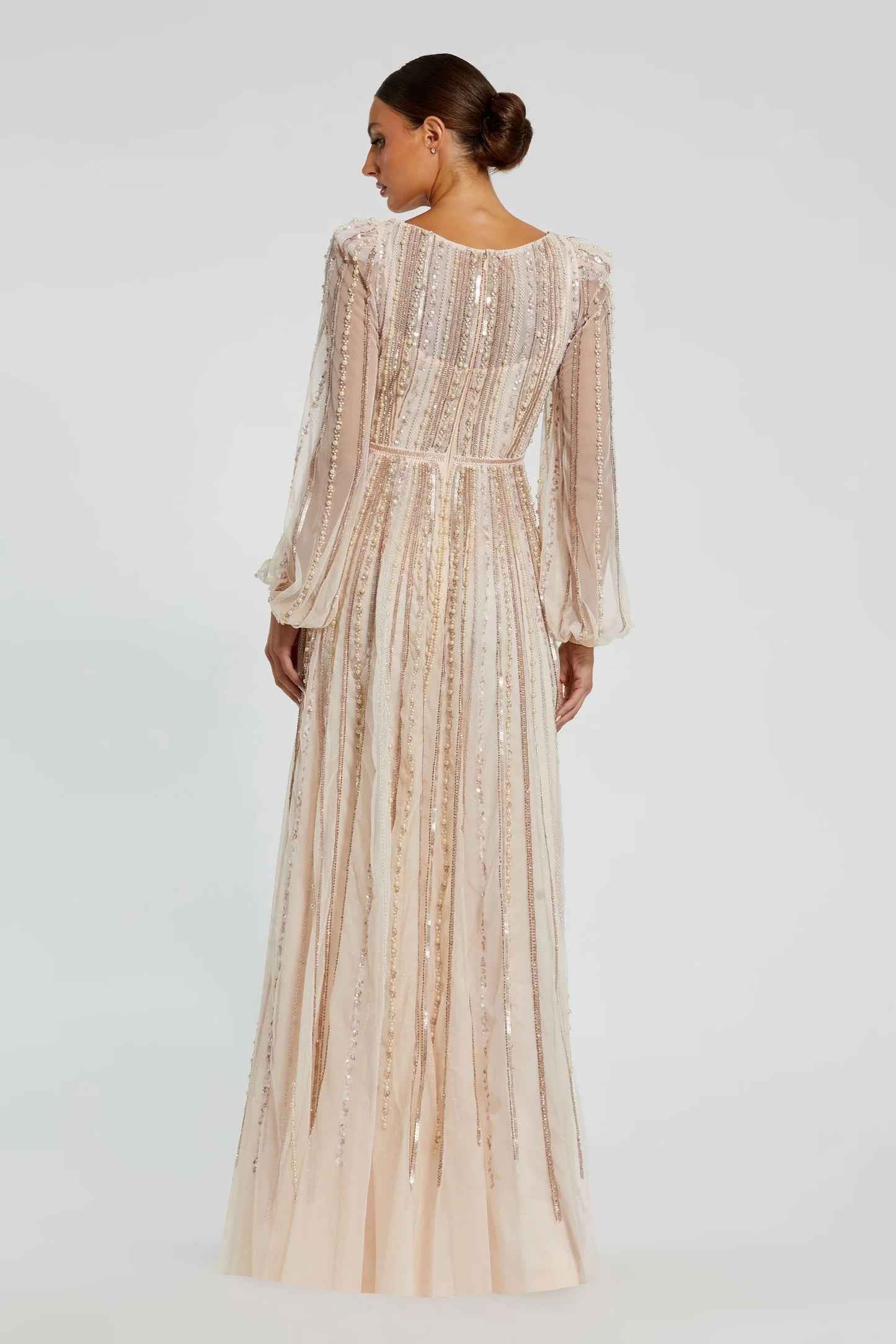 Boat Neck Long Sleeve Gown With Striped Beading