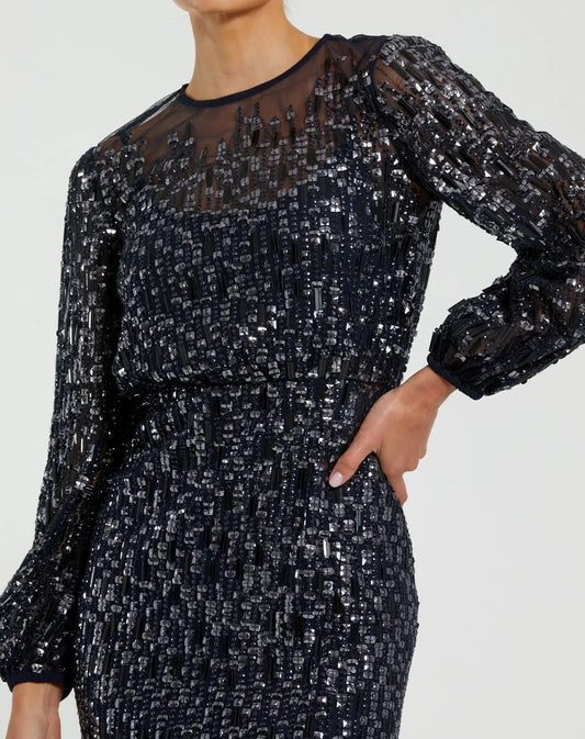 Navy Sequin Long Sleeve Blouson Evening Gown