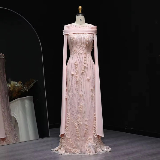 Floral Cape sleeves modest evening gown