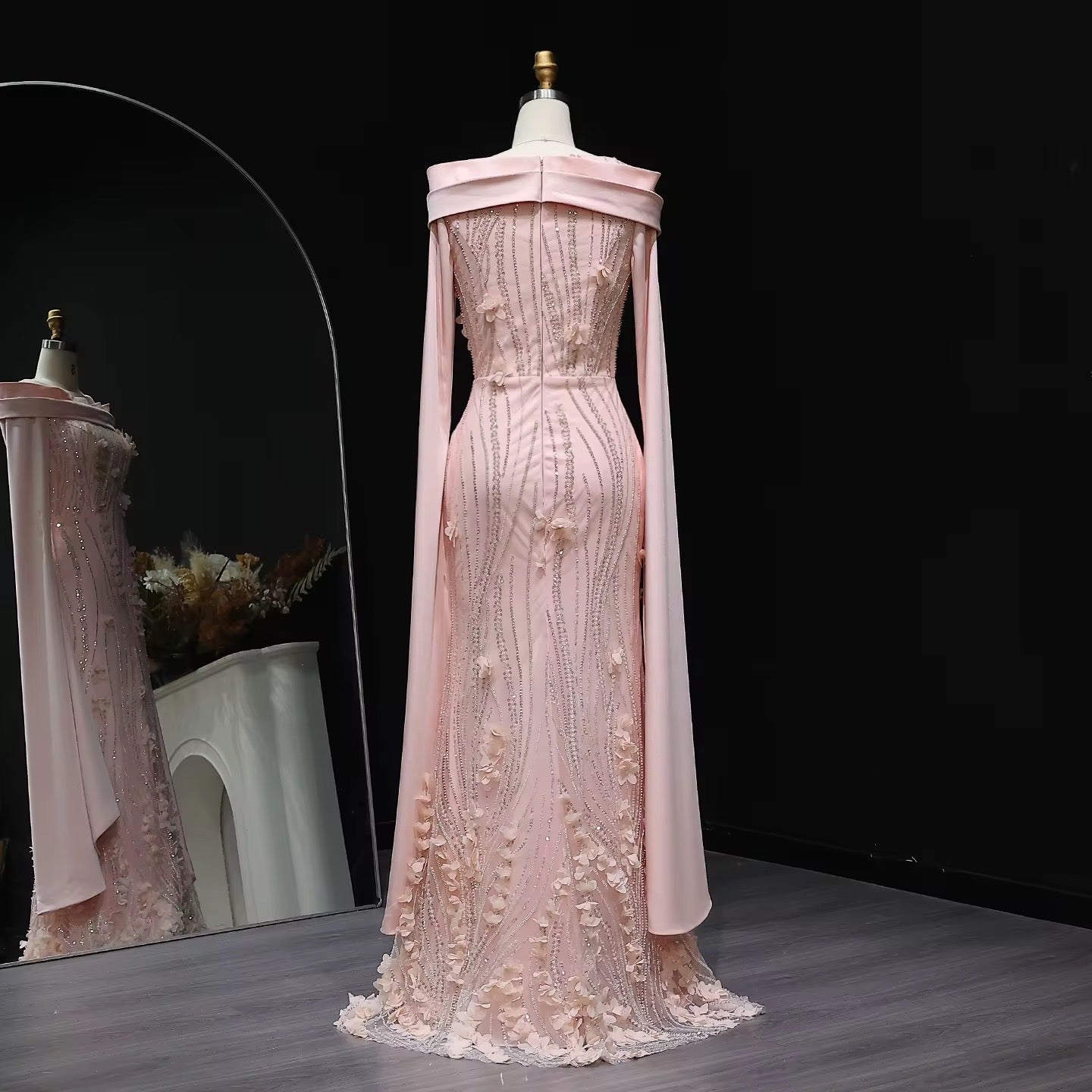 Floral Cape sleeves modest evening gown