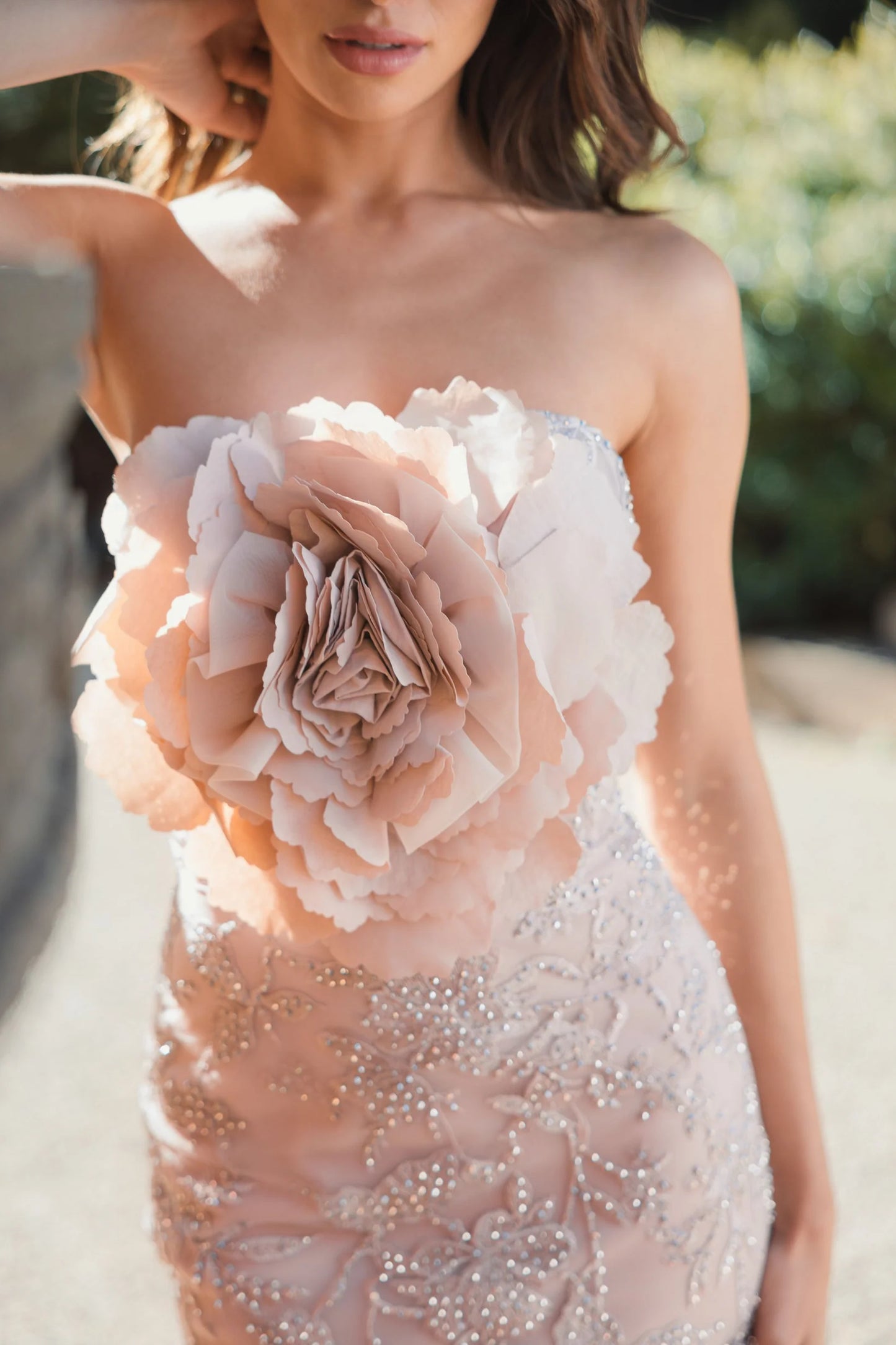 Strapless Beaded Applique Mermaid Gown With Flower