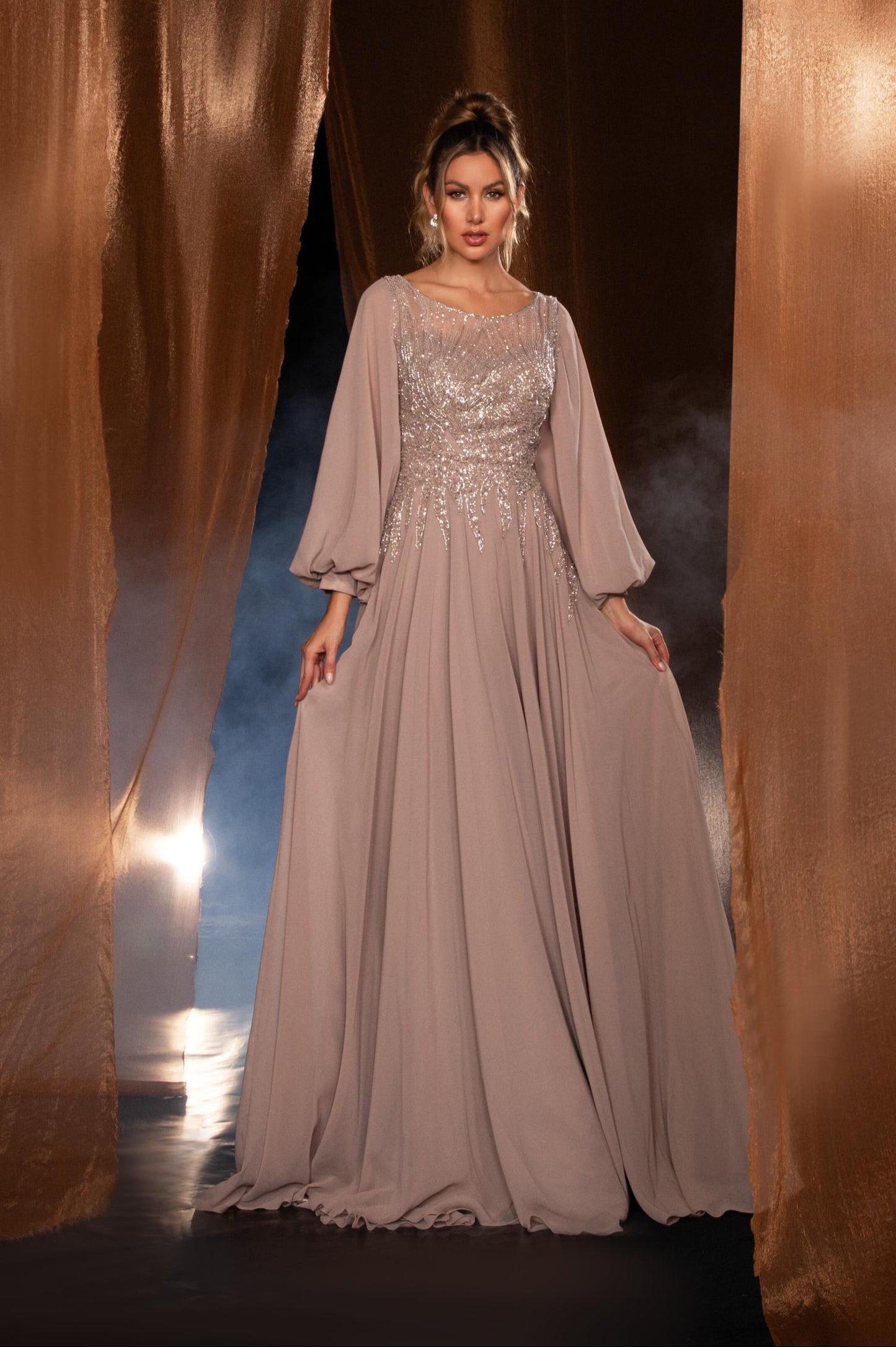 Long balloon sleeves beaded gown