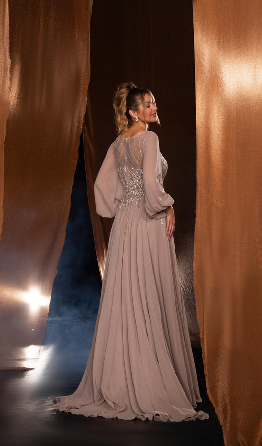 Long balloon sleeves beaded gown