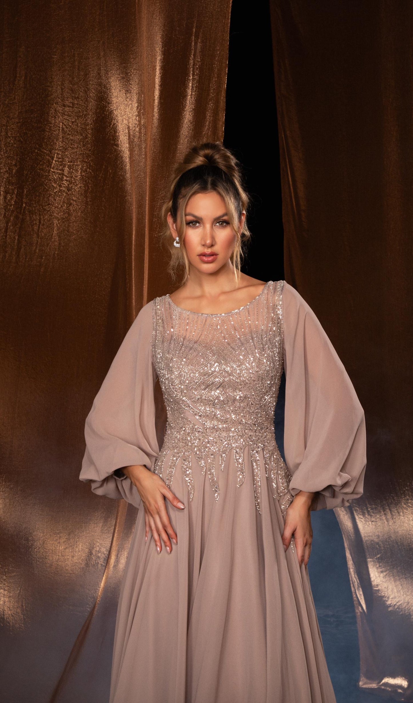 Long balloon sleeves beaded gown