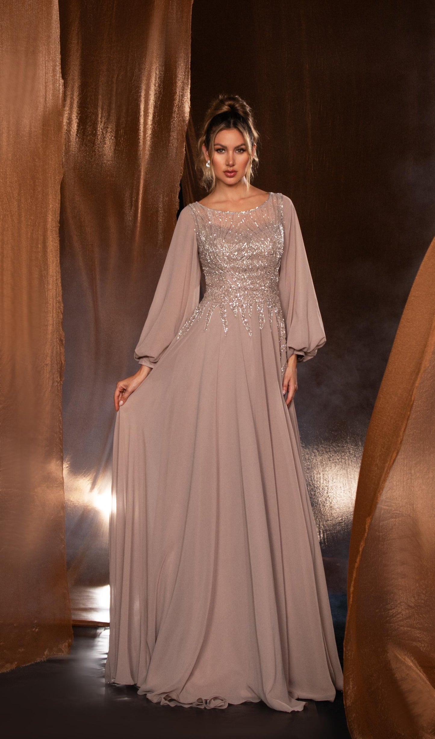 Long balloon sleeves beaded gown