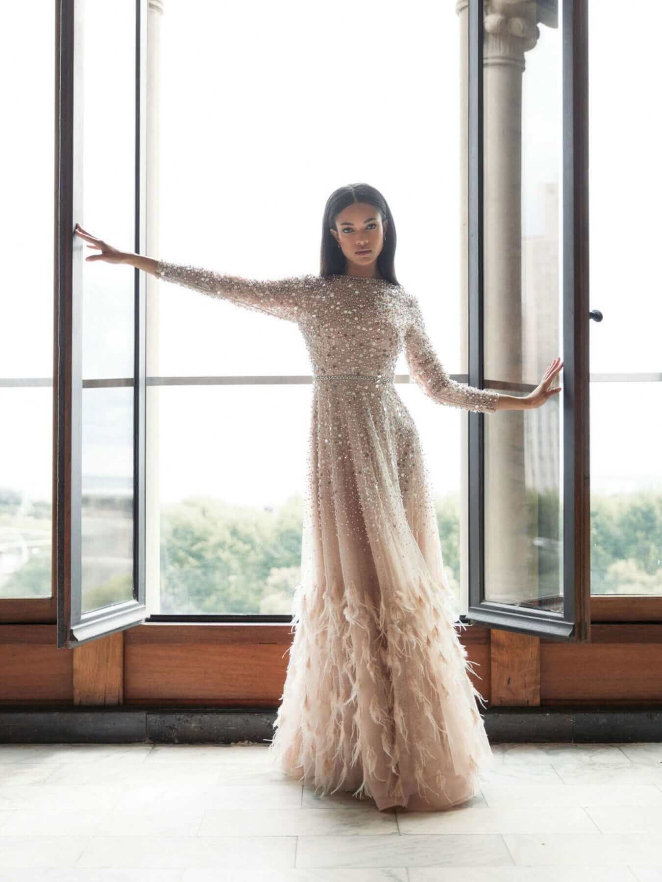 Mac Duggal Style#11782, Disc Embellished Sequin Gown With Feather Detail, A line,beaded,Bridal,Floor Length,long sleeve,Newest Arrivals,Sequin, $1995.00