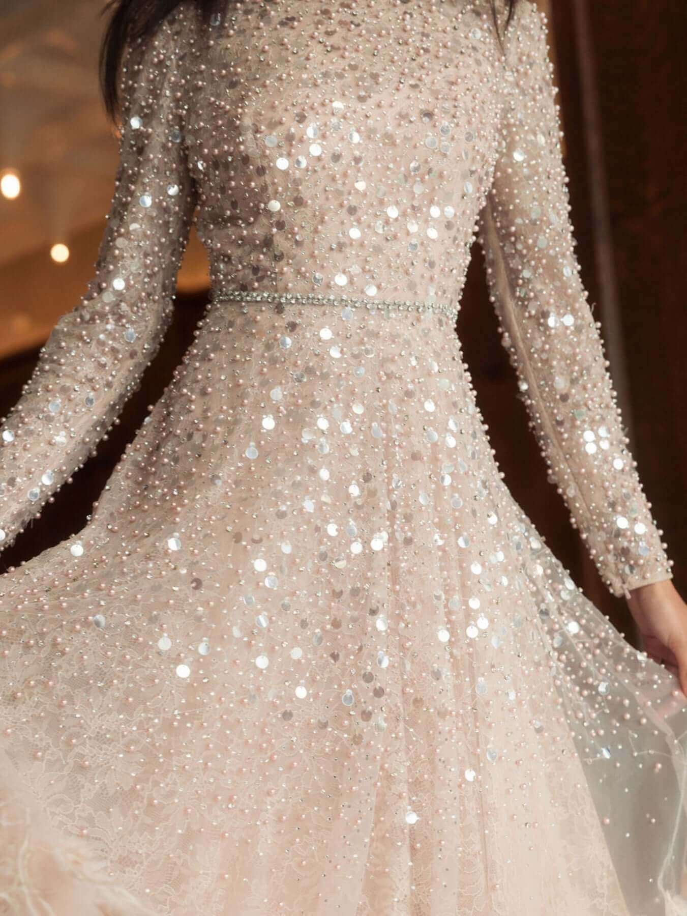 Mac Duggal Style#11782, Disc Embellished Sequin Gown With Feather Detail, A line,beaded,Bridal,Floor Length,long sleeve,Newest Arrivals,Sequin, $1995.00