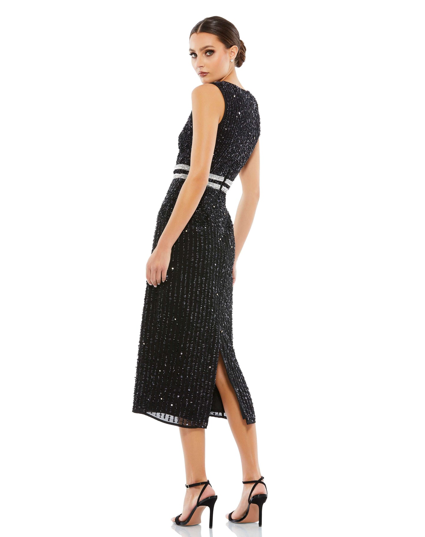 Elegant vertical sequined midi sheath dress with a flattering hand beaded waist and back slit. Mac Duggal Back Zipper Fully Lined Sleeveless Midi-Length Back Slit 100% Polyester Style #10509