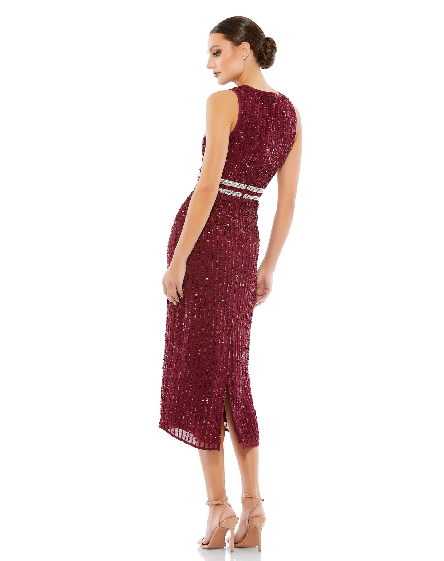 Elegant vertical sequined midi sheath dress with a flattering hand beaded waist and back slit. Mac Duggal Back Zipper Fully Lined Sleeveless Midi-Length Back Slit 100% Polyester Style #10509