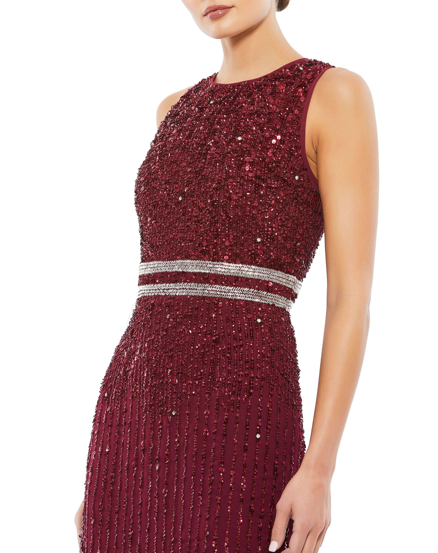 Elegant vertical sequined midi sheath dress with a flattering hand beaded waist and back slit. Mac Duggal Back Zipper Fully Lined Sleeveless Midi-Length Back Slit 100% Polyester Style #10509