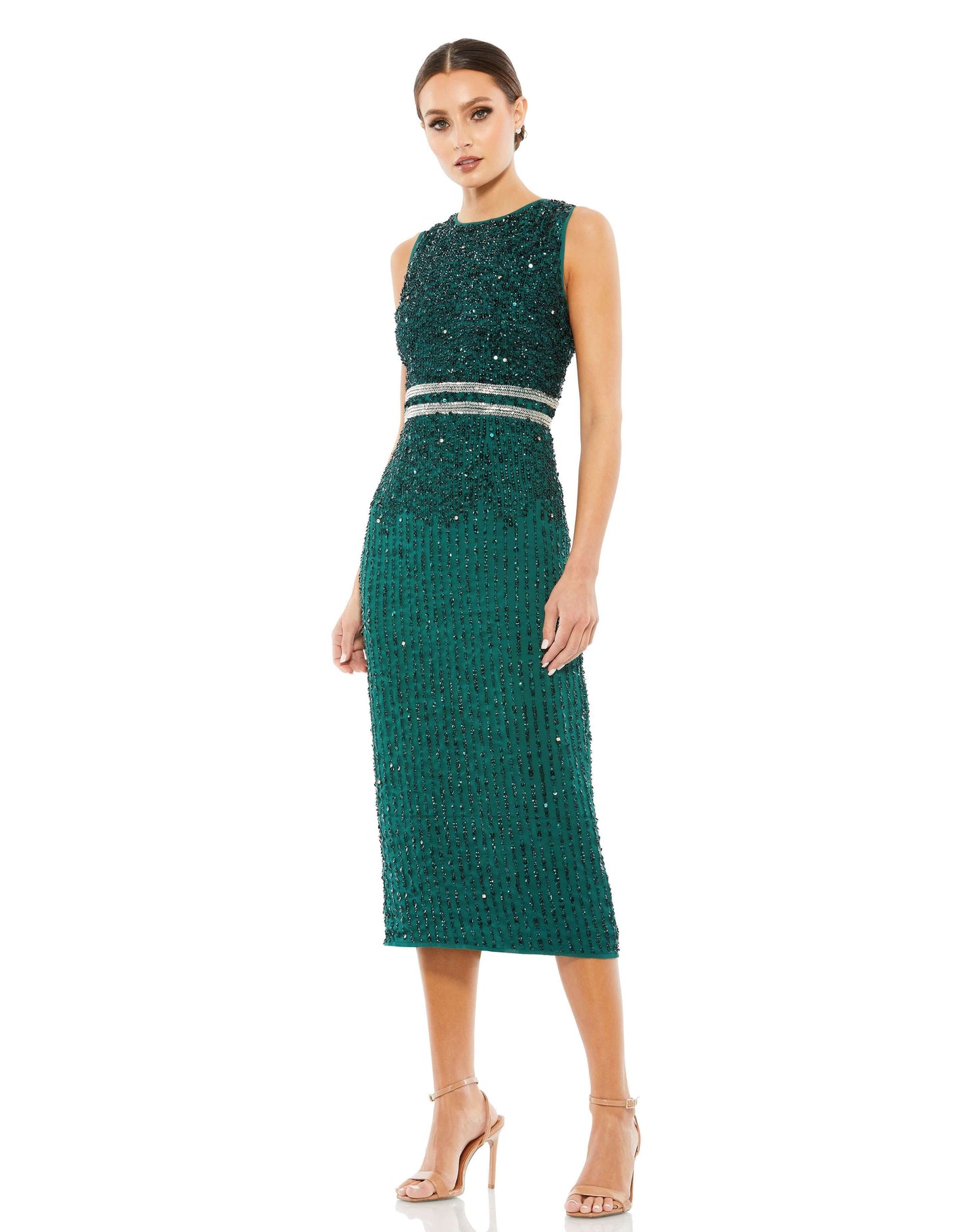 Elegant vertical sequined midi sheath dress with a flattering hand beaded waist and back slit. Mac Duggal Back Zipper Fully Lined Sleeveless Midi-Length Back Slit 100% Polyester Style #10509
