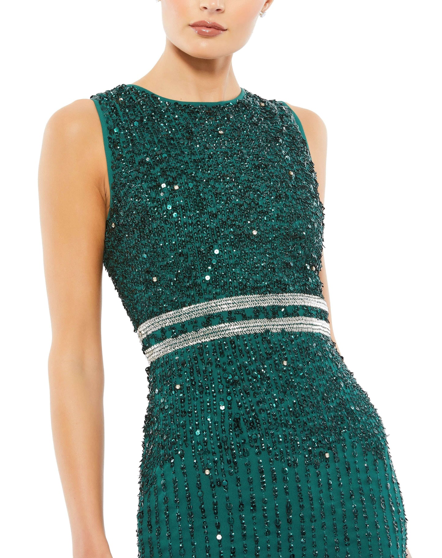 Elegant vertical sequined midi sheath dress with a flattering hand beaded waist and back slit. Mac Duggal Back Zipper Fully Lined Sleeveless Midi-Length Back Slit 100% Polyester Style #10509