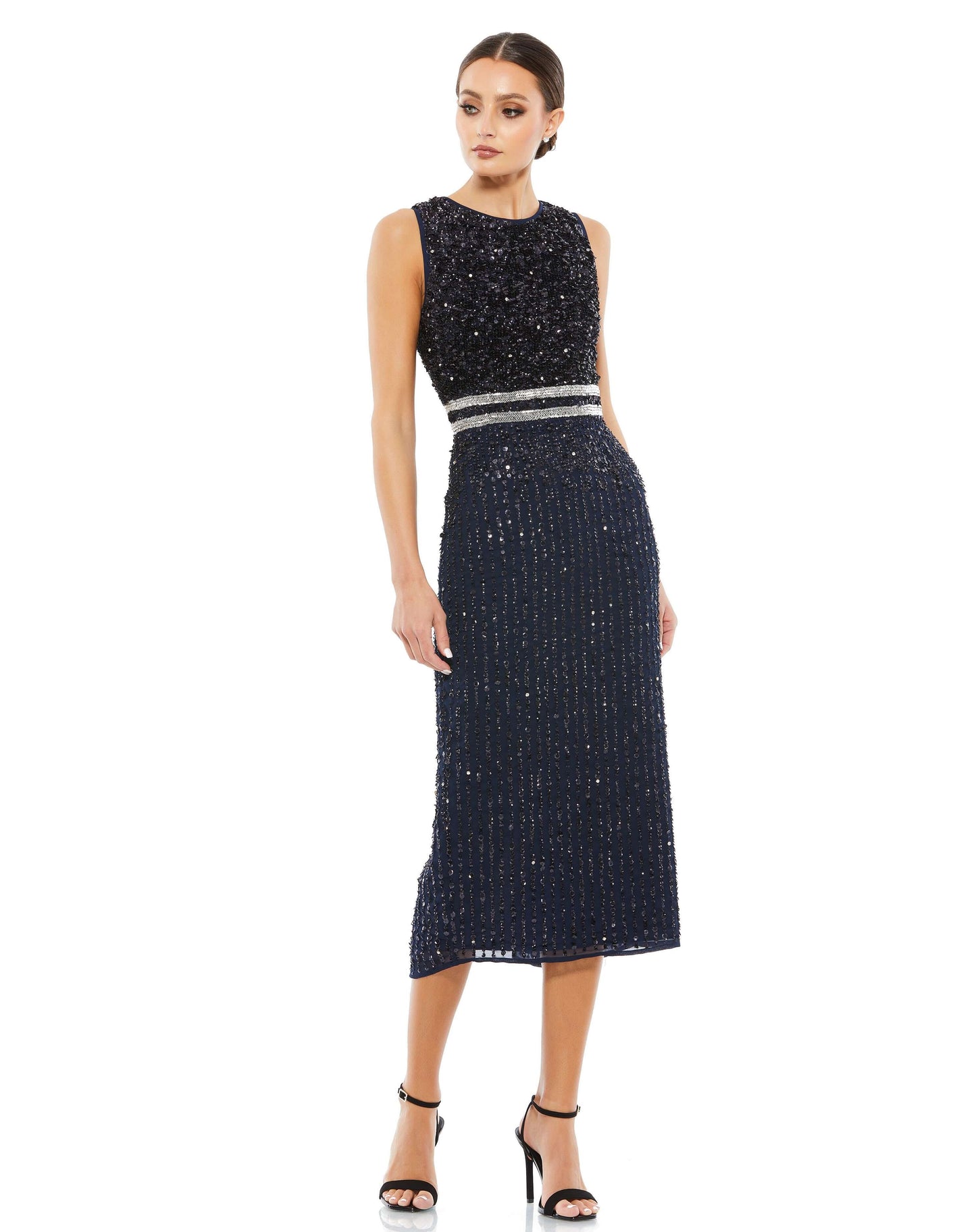 Elegant vertical sequined midi sheath dress with a flattering hand beaded waist and back slit. Mac Duggal Back Zipper Fully Lined Sleeveless Midi-Length Back Slit 100% Polyester Style #10509