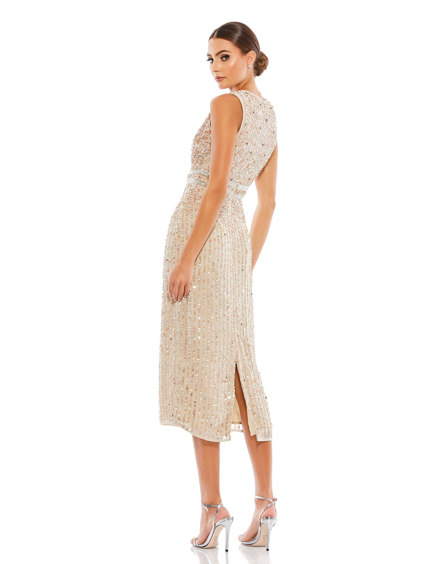 Elegant vertical sequined midi sheath dress with a flattering hand beaded waist and back slit. Mac Duggal Back Zipper Fully Lined Sleeveless Midi-Length Back Slit 100% Polyester Style #10509