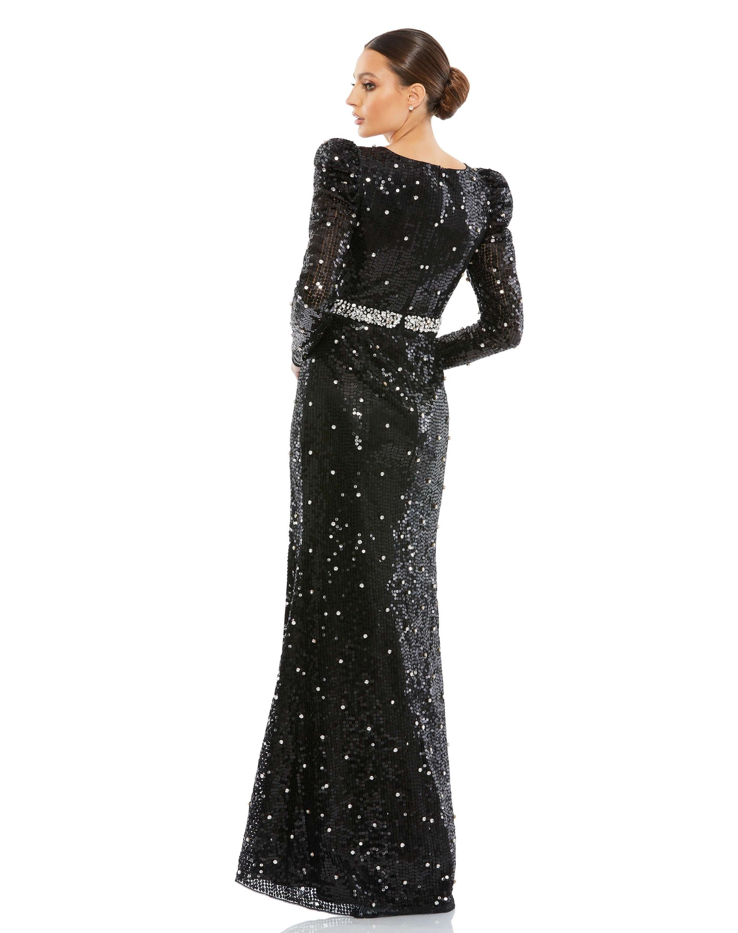 No one does sequin gowns better than Mac Duggal, and this on-trend dress is such a fun way to don the shimmery embellishments. The gala-glam gown is styled with a V-neckline, puff-shoulder long sleeves, and a leg-flaunting high slit. To kick up the shine