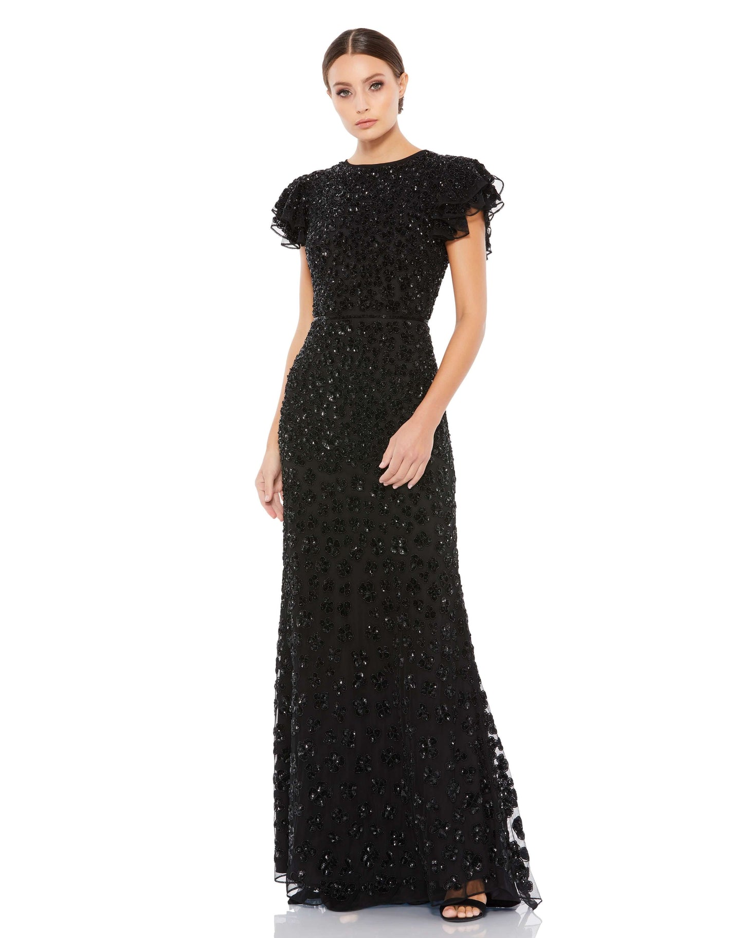 Elegant full-length evening gown with a high round beck and feminine flutter cap sleeves. Dress is fully embellished with tonal sequined and beaded flowers, and the natural waist is defined by a hand-beaded belt. Mac Duggal Fully Lined Back Zipper Hand-Be