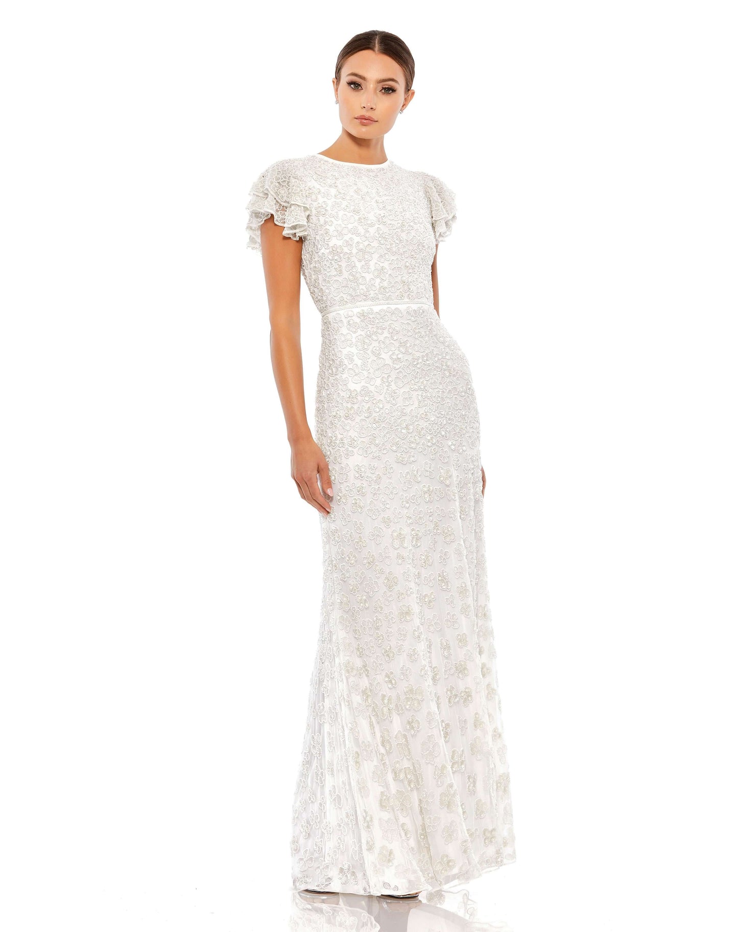 Elegant full-length evening gown with a high round beck and feminine flutter cap sleeves. Dress is fully embellished with tonal sequined and beaded flowers, and the natural waist is defined by a hand-beaded belt. Mac Duggal Fully Lined Back Zipper Hand-Be