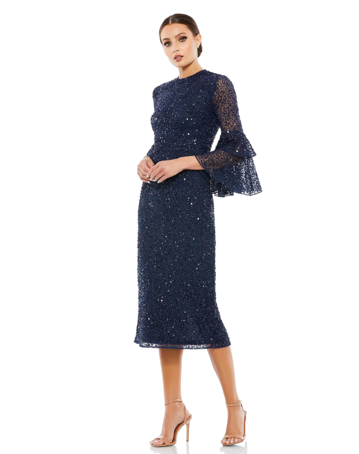 Mac Duggal Sequin and hand-beaded fabric (100% polyester) Fully lined through bodice and skirt; semi-sheer unlined sleeves Round high neckline 3/4 length bell sleeves Layered ruffle sleeves Back vent slit Concealed back zipper Approx. 48" from top of shou