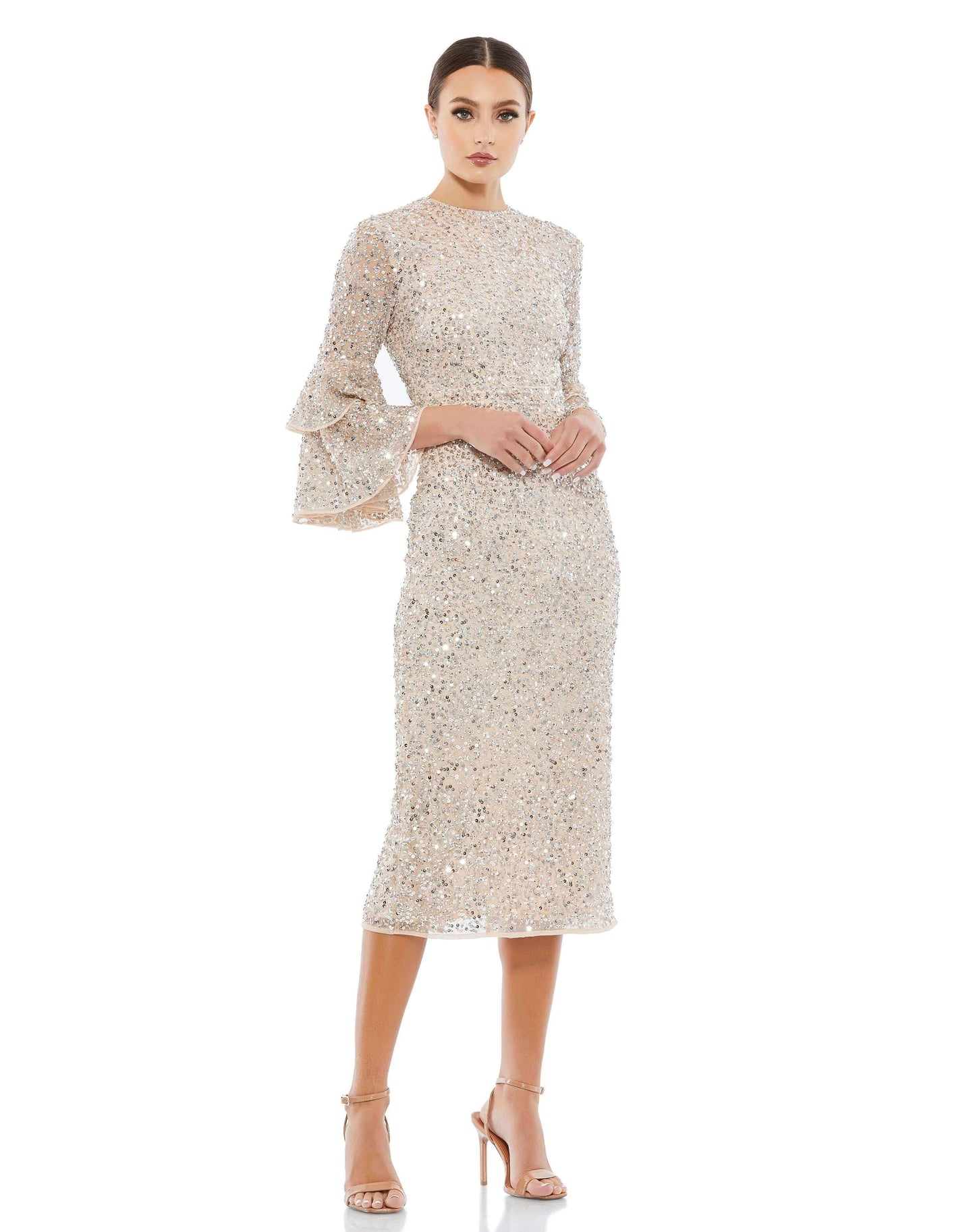 Mac Duggal Sequin and hand-beaded fabric (100% polyester) Fully lined through bodice and skirt; semi-sheer unlined sleeves Round high neckline 3/4 length bell sleeves Layered ruffle sleeves Back vent slit Concealed back zipper Approx. 48" from top of shou