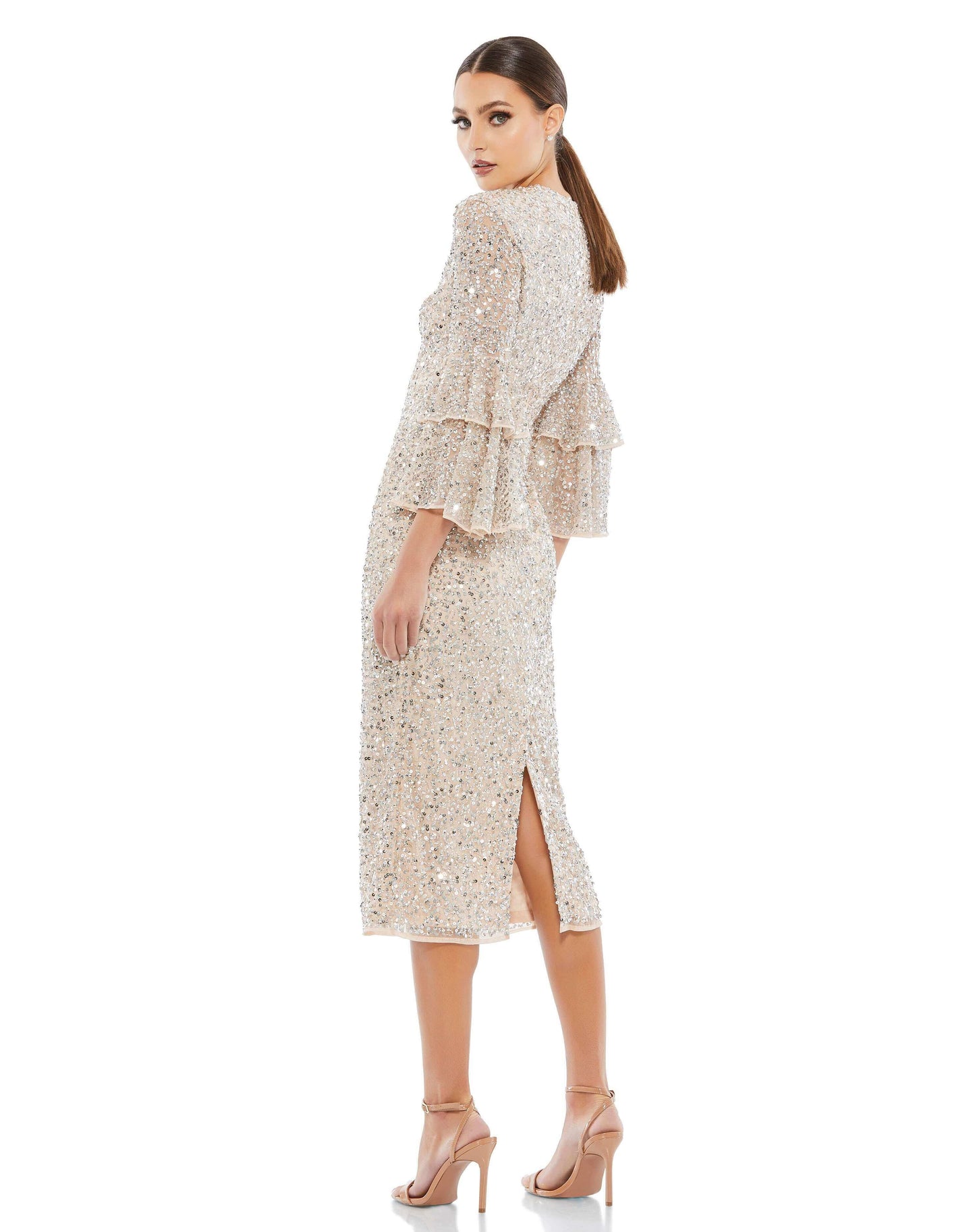 Mac Duggal Sequin and hand-beaded fabric (100% polyester) Fully lined through bodice and skirt; semi-sheer unlined sleeves Round high neckline 3/4 length bell sleeves Layered ruffle sleeves Back vent slit Concealed back zipper Approx. 48" from top of shou