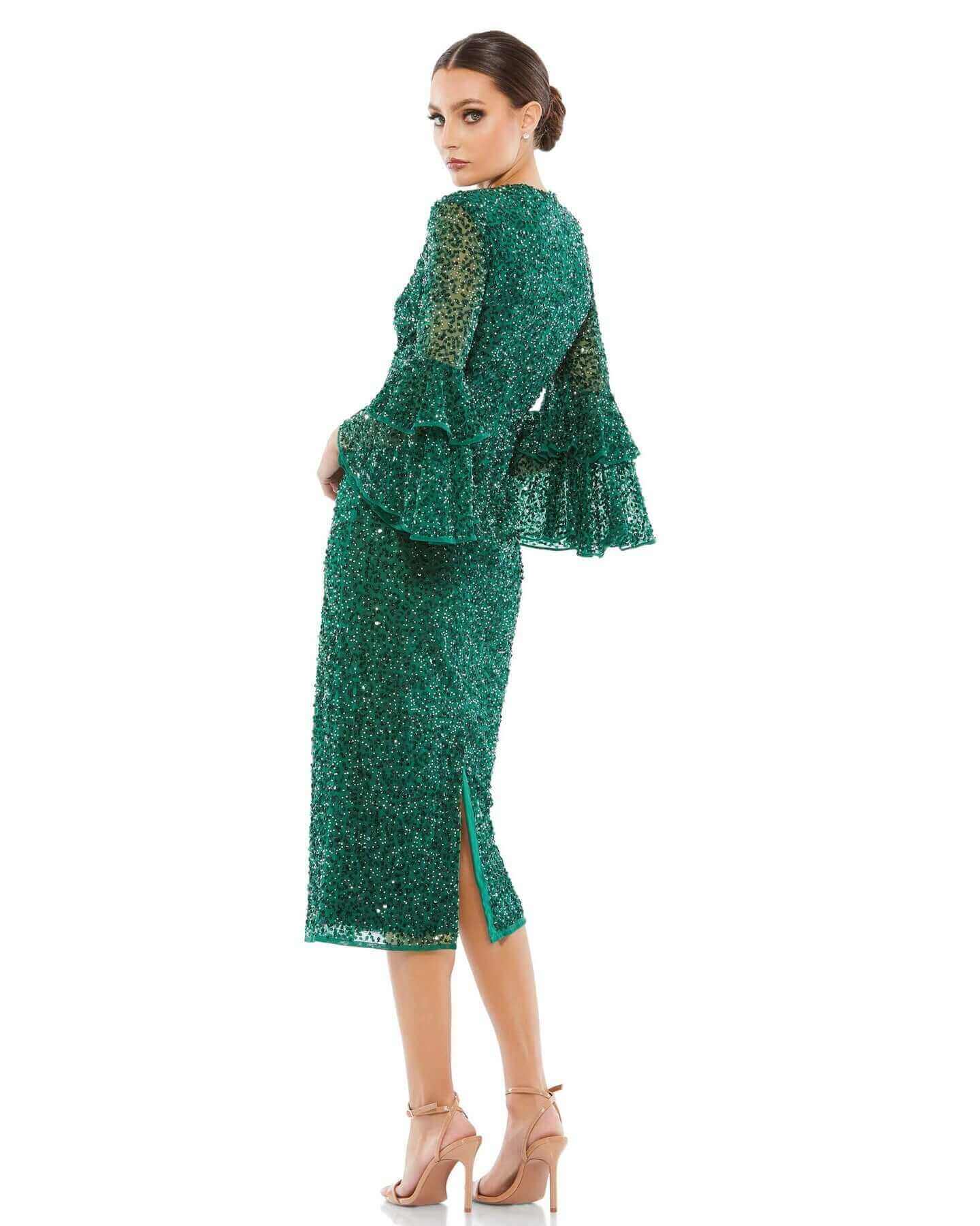 Mac Duggal Style#10802, Tiered Ruffle 3/4 Sleeve Cocktail Dress, Cocktail,long sleeve,Ruffles,Sequin,Tea Length, $600.00